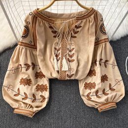 Women's Blouses AYUALIN Casual Cotton Linen Floral Embroidery Loose Blouse Summer Boho Beach Blusa Vintage Long Sleeve Shirts Women Tops