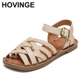 Sandals Fashion Retro Flat Women Summer Open Toe Shoes Handmade Genuine Leather Hook Loop Concise Casual