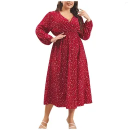 Casual Dresses Women Long Sleeve Dress V Neck Fold Polka Dot Print Waist Chiffon Fashion Autumn Plus Size