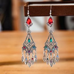 Vintage Ethnic Style Texture Water Drop Earrings for Women Boho Long Hollow Silver Color Metal Dangle Earring Pendientes Mujer