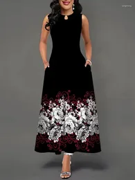 Casual Dresses Lady Spring Summer Long Dress Black Sleeveless Floral Print Elegant For Women 2024 Party Beach Plus Size