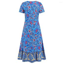 Casual Dresses Women Retro Floral Skirt Bohemian Print V Neck Summer Dress With Patchwork Hem For Style Mid-calf Length Vacation