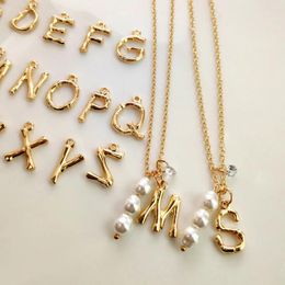 Chains Gold Colour 26 Initials Pearl Beads Pendant Chain Necklace For Women DIY Metal Bamboo Alphabet Choker Necklaces Jewellery