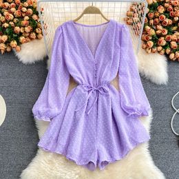 Sexy Puff Sleeve Jumpsuit Laceup korean Fashion playsuit One Piece Women Wide Leg Shorts Bodysuit Beach vacation boho 240409