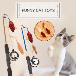Pet Cat Toy Stick Feather Wand Toys Interactive Fish-shaped Telescopic Fishing Rod Cat Teaser Toy Supplies Random Colour