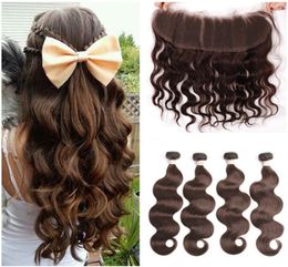 Chocolate Brown Brazilian Human Hair Weaves 3 Bundles with Frontal Body Wave 4 Dark Brown Hair Bundle Deals with 13x4 Lace Fronta5438105