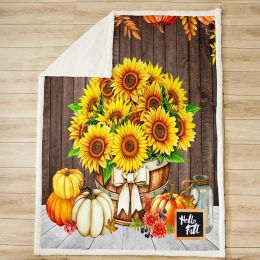 Fall Pumpkins Throw Blanket,Thanksgiving Day Sunflowers Maple Leaves Bed Blanket for Kids Boys Girls Adults,Wooden Plank