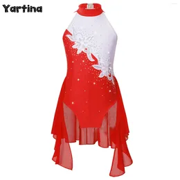 Stage Wear Kids Girls Gymnatics Figure Skating Ballet Lyrical Dance Dress Ballerina Tutu Costume Shiny Rhinestone Sequin Floral