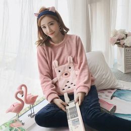 Home Clothing JINUO 2024 Pink Color Women Flannel Pajamas Sets Autumn Winter Young Ladies Lovely Cartoon Animal Soft Casual Sleepwear