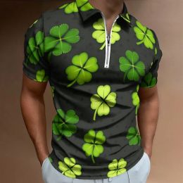 Men'S Classic Trendy Polo Shirts St Patrick'S Day Green Clover Print Short Sleeve Polos Lapel Neck Hawaiian Polo Shirts Hombre