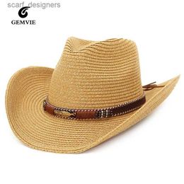 Wide Brim Hats Bucket Hats GEMVIE Western Cowboy Hat Sun Hat For Men Cowgirl Summer Hats For Women Lady Straw Hat With Alloy Feather Beads Beach Cap Panama Y240409