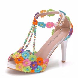 Dress Shoes Crystal Queen Women Sweet Fashion White Coloured Floral Stiletto Party Tassel Bridal Wedding Ankle Strap High Heels H240409 D1JU