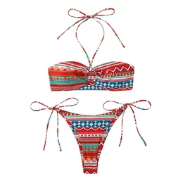 Women's Swimwear 2 Piece Print Swimsuit Tie Backless Top Side Thong Halter Bikini Fashion Solid Colour Low Waist Triangle