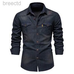 Men's Casual Shirts 2023 Mens Long Sleeve Shirt Spring Autumn Denim Blouses Pocket Decoration Lapel Button Casual Shirt Quality Clothing Plus Size 240409