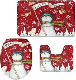 Bath Mats Red Xmas Rug Set With Snowman 3 Piece Contour Mat Lid Cover Pad Non Slipping Rubber Back Bathroom