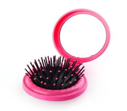 Colourful Girls Portable Mini Folding Comb Airbag Massage Round Travel Hair Brush With Mirror8823587