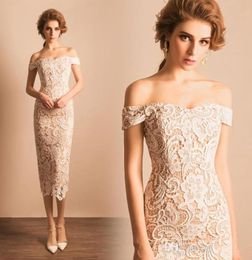 Cheap Full Lace Champagne Cocktail Dresses Real Pictures Slit Knee Length Evening Gowns Elegant Off Shoulder Sheath Formal Guest D5779050