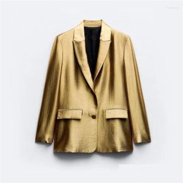 Women'S Suits & Blazers Womens Gold Suit Jacket Loose Casual Lapel Long Sleeved Coat Workplace Vintage Streetwear Spring And Autumn D Dhmvt