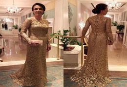 Long Sleeves Gold Lace Jewel Mermiad Elegant Evening Gowns New Coming Custom Made Mother of the Bride Dresses Mothers Dresses5950225