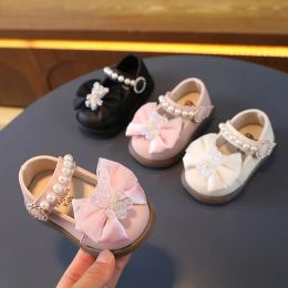 Sneakers New Kids Leather Girls Shoes Shining Pearl Bows Princess Walking Shoes For Baby Party Wedding Children Spring Summer Dress Shoes