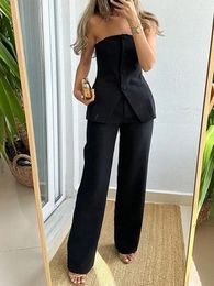 Women's Two Piece Pants Elegant Solid Long Pant Suit Set Chic Single Breasted Tube Tops High Waist Wide Leg Trousers Spring Summer Casual