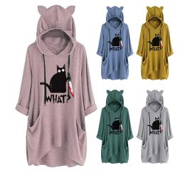 Sweatshirts Autumn and winter long modern sweater women's clothing cute cat ears cat print WHAT pocket hooded sweater Halloween