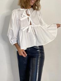 Women's Blouses Women Y2k Puff Short Sleeve Shirts Tie Front Ruffle Hem Babydoll Peplum Blouse Summer Going Out Tops Streetwear