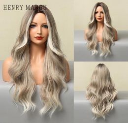 Synthetic Wigs MARGU Long Wavy Platinum Blonde Grey Ombre For Women Middle Part Natural Cosplay Party Heat Resistant1284172