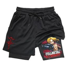 Anime Fullmetal Alchemist Gym Workout Shorts for Men 2 in 1 Compression with Pockets 5 Inch Quick Dry Running Fitness 240403