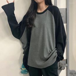 Women's T Shirts 2024 Female T-shirt Grey O Neck Contrast Colour Long Sleeve Shirt Loose Autumn Tee Tops For Women Patchwork