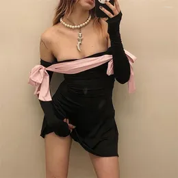 Casual Dresses Xingqing Black Y2k Coquette Dress Women Off Shoulder Long Sleeve Mini With Thumb Holes Large Bow Cocktail Party