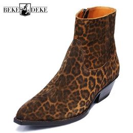 Boots Runway Brand Men Leopard Printed Boots Pointed Toe Cow Suede Cowboy Ankle Boots 2022 Summer Dress Botas