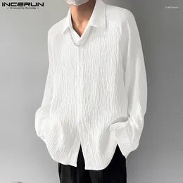 Men's Casual Shirts INCERUN Tops 2024 Korean Style Men Pleated Solid Texture Design Stylish Simple Lapel Long Sleeved Blouse S-5XL