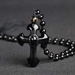 Christian Cross Obsidian Pendant Good Luck Amulet Beaded Necklace for Men Women Hand Engraved Jewelry Gift