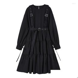 Basic Casual Dresses Japanese Harajuku Women Black Midi Dress Gothic Style Suspenders Bandage Vintage Ruffles Long Baggy Cosplay Costu Dh7Cl