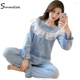 Home Clothing Smmoloa 2024 Autumn Women Cotton Sleepwear Lace Long Sleeves Pajamas