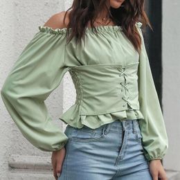 Women's Blouses Elegant Blouse Off Shoulder Lace-Up Ruffles Slim Pink And Tops 2024 Spring Autumn Woman White Casual Shirt Top