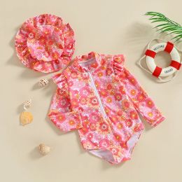 EWODOS 0-3 Years Toddler Baby Girls Rash Guard Swimsuit Summer Long Sleeve Floral Print Ruffles Girls Bathing Suit Beachwear