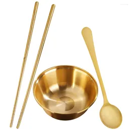 Dinnerware Sets Three-piece Brass Tableware Fruit Bowl Dessert Storage Ornament Spoon Dinner Chopstick Kitchen Korean And Chopsticks