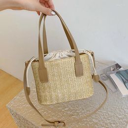 Shoulder Bags Straw Summer 2024 Women Tote Designer Handbags PurseS Weave Drawstring Closure PU Leather Handle Beach Bag