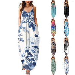 Casual Dresses Clothing Female Comfortable Vacation Slim Fit Wave Printed Round Neck Suspender Simple Dress Long Party 2024 Vestidos