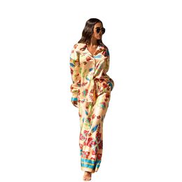 Women Trendy Two Pieces Multicolored Casual Print Design Pants Blouse Summer Suit Set Yellow