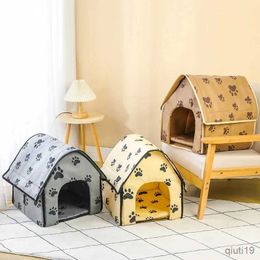 Cat Beds Furniture Pet House Portable Cat Dog Villa Footprint Pattern Cats Dogs Nest Foldable Small Medium Indoor Pets Bed Tent Puppy Kennel Shed