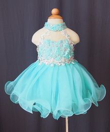 High neck beads organza light sky blue backless applique cupcake little girls pageant dresses kids toddler glitz prom Infant ball 8833629