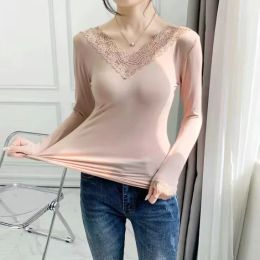 Lace V-Neck Pullover Lycra Thermal Underwear For women Blouse New Winter Female Warm Bottomed Clothes Full Sleeve Slim T-Shirt