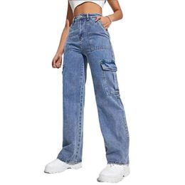 Womens Baggy Jeans Cargo Pants High Waisted Distressed Street Denim Wide Straight Leg Trousers with Pockets