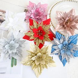 Decorative Flowers Christmas Flower Glitter Poinsettia Artificial Xmas Tree Ornaments For Diy Wreaths Garland Merry Decorations