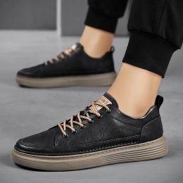 Boots New Casual Leather Vulcanised Shoes Men Good Quality Leather Sneakers Comfy Fashion Black Walking Vulcanised Sneakers Men 2022