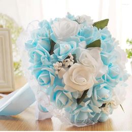 Decorative Flowers Wedding Bouquet Crystal Roses Bridesmaid Bridal Artificial Silk (Blue)