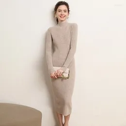 Casual Dresses Early Autumn Half High Collar Wool Dress Women's Mid Length Sweater Over Knee Cashmere Knitted Wrap Hip Skirt Bottom Long